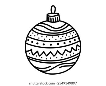 Black and white outline of Christmas ornament with patterns isolated on white background. Concept of holiday decoration, festive design, seasonal coloring, Christmas ball, craft template