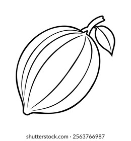 Black and white outline of a cocoa fruit with a leaf