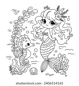 Black and white outline for coloring. Cute mermaid and seahorse underwater in sea, ocean. Vector illustration. Activity game for children.