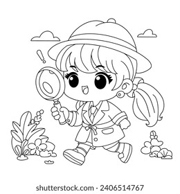 Black and white outline for coloring Cute girl detective with magnifying glass. Vector illustration. Activity game for children.