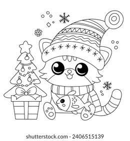 Black and white outline for coloring. Cute cat with fish and gift under  tree at Christmas. Vector illustration. Activity for children.