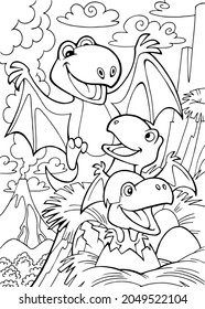 Black and white outline for coloring. Dinosaurs flying lizards near nest. Vector illustration. Activity game for kids.