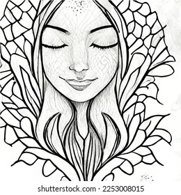 black and white outline, coloring page for adults, beautiful woman with bird and flowers