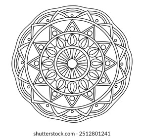 Página de cor de contorno preto e branco de um Mandala. Padrão Circular Com Detalhes Intrincados, Incluindo Triângulos, Quadrados e Círculos. Vetor de Contorno Desenhado à Mão Mandala Fácil 