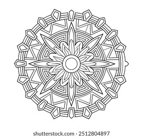 Página de cor de contorno preto e branco de um Mandala. Padrão Circular Com Detalhes Intrincados, Incluindo Triângulos, Quadrados e Círculos. Vetor de Contorno Desenhado à Mão Mandala Fácil 