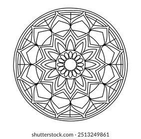 Página de cor de contorno preto e branco de Mandala - padrão circular com detalhes intrincados, incluindo triângulos, quadrados e círculos - Mandalas fácil colorir páginas para adulto vetor