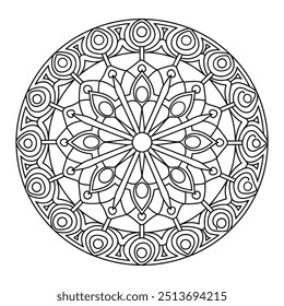Black and White Outline Coloring Page of Mandala - Easy Mandalas Hand Drawn Pattern With Intricate Details,including Triangles, Squares, and Circles