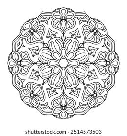 Página de cor de contorno preto e branco de Mandala. Padrão circular com detalhes intrincados, incluindo flores, folhas e formas geométricas. Mandala simples e fácil para adultos 
