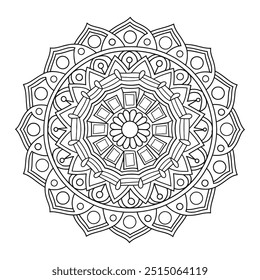 Black and White Outline Coloring Page of a Mandala. The Mandala Has a Circular Pattern With Intricate Details,including Triangles, Squares, and Circles - Easy Mandala Circle Coloring pages for kdp