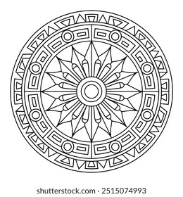 Página de cor de contorno preto e branco de um Mandala. O Mandala tem um padrão circular com detalhes intrincados, incluindo triângulos, quadrados e círculos - fácil Mandala Círculo colorir páginas para kdp