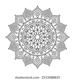 Página de cor de contorno preto e branco de um Mandala. O Mandala tem um padrão circular com detalhes intrincados, incluindo triângulos, quadrados e círculos - páginas de cores simples do círculo de Mandala para kdp