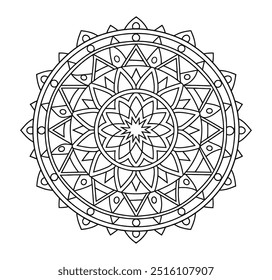 Página de cor de contorno preto e branco de um Mandala - vetor de círculo desenhado à mão de Mandalas fácil para Kdp