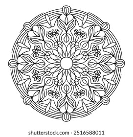 Black and White Outline Coloring Page of a Mandala - Easy Mandalas Hand Drawn Circle Patterns - Simple Mandala Hand Drawn Artwork Vector