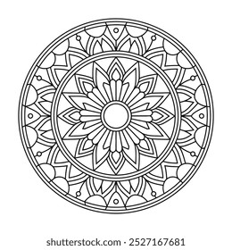 Página de cor de contorno preto e branco de Mandala com padrão circular. Páginas de cores simples e fácil Mandala para cores Adultos e crianças Vetor