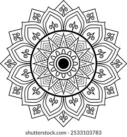 Dibujo para colorear en blanco y negro de un mandala. El Mandala tiene un patrón circular con detalles intrincados, incluyendo triángulos, cuadrados y círculos - Simple Mandala Circle para colorear páginas para kdp