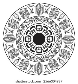 Black and White Outline Coloring Page of a Mandala. The Mandala Has a Circular Pattern With Intricate Details, including Triangles, Squares, and Circles - Simple Mandala Circle Coloring pages 