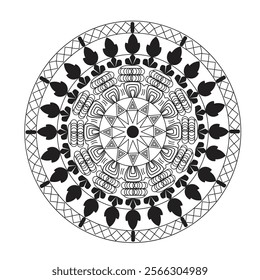 Black and White Outline Coloring Page of a Mandala. The Mandala Has a Circular Pattern With Intricate Details, including Triangles, Squares, and Circles - Simple Mandala Circle Coloring pages 