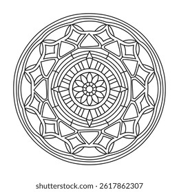 Black and White Outline Coloring Page of Mandala - Simple Mandala Circle Coloring Pages for KDP.