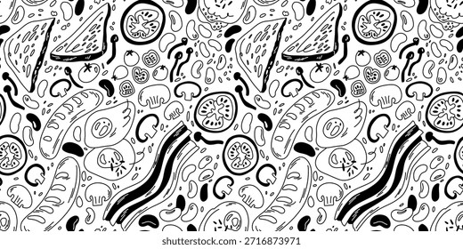 Un patrón de coloración de contorno blanco y negro con un desayuno inglés. Huevos, tocino, frijoles y tostadas en un estilo doodle.