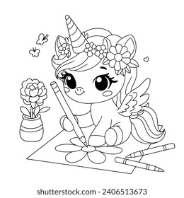 Black and white outline for colouring. Cute unicorn drawing with pencil. Vector illustration. Active game for children.