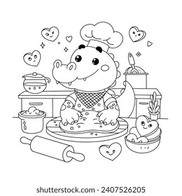 Borde blanco y negro para colorear. Cocodrilo lindo en el horneado de la cocina, dibujado a lápiz. Ilustración vectorial. Actividad para niños.