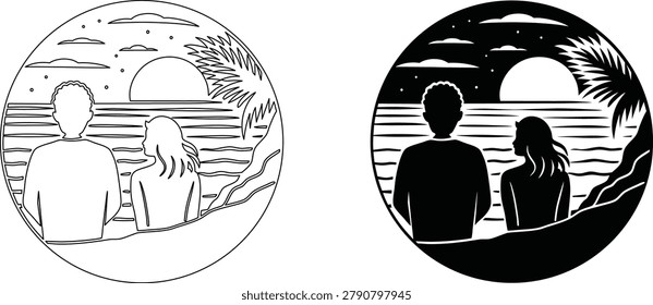 Black and white outline of a couple watching a sunset over the ocean with a palm tree and clouds, romantic scene.