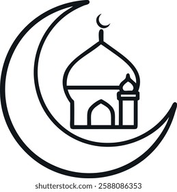 Black and white outline of crescent and mosque, representing Ramadan simplicity and peace.