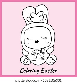 Black and white outline of a cute, sleeping carrot character with heart details and a bow. A fun and relaxing Easter-themed coloring page for kids