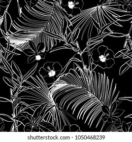  Black and white Outline dark forest   palm trees and tropical forest on the black background. Vector seamless pattern. Tropical illustration. Jungle foliage.