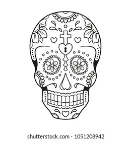 Black and white outline of decorated skull