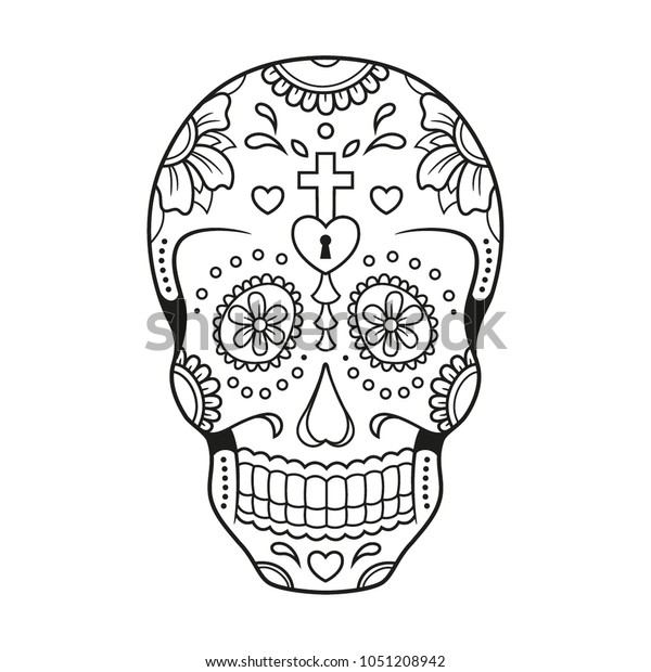 Black White Outline Decorated Skull Stock Vector (Royalty Free ...