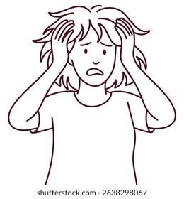 Black and white outline of a distressed woman with messy hair, holding her head in frustration. Used to depict stress, burnout, anxiety, or emotional overload