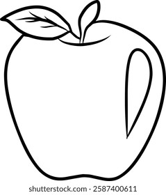 Black and white outline drawing of an apple with a leaf, designed for coloring activities suitable for all ages, educational purposes, or artistic creative projects.