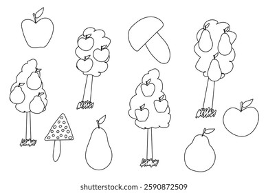 Black and white outline drawing of apple trees, pear trees, mushrooms, and individual fruits for coloring fun.