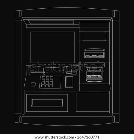 Black and white outline drawing of an ATM machine with clean, simple lines against a dark background. The design features keypad, screen, and card slot details in a minimalist style.
