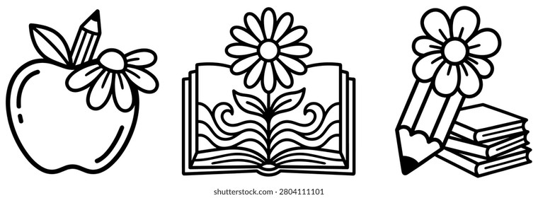 Black and white outline drawing for back to school and education. apple with pencil and flower, flower with open book, pencil and books.