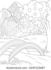 Black and white outline drawing of a beautiful mountain valley with a bridge, trees, and intricate patterns, ideal for coloring therapy.