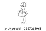 A black and white outline drawing of a boy wearing a beanie and casual clothes, carrying a cardboard box overflowing with miscellaneous objects