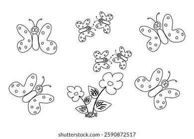 Black and white outline drawing of butterflies flying around flowers, perfect for kids coloring activities.