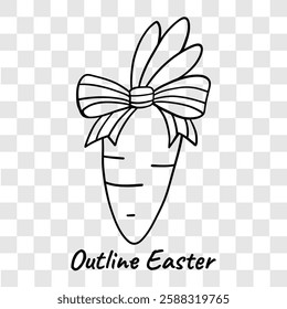Black and white outline drawing of a carrot tied with a decorative bow, perfect for Easter-themed coloring pages, crafts, and festive designs