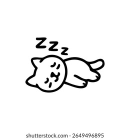 Black and white outline drawing of a cartoon cat sleeping
