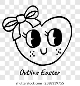 Black and white outline drawing of a cheerful heart character with big eyes, freckles, and a bow, perfect for coloring pages and cute designs