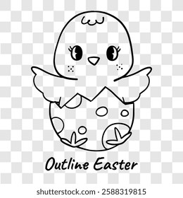 Black and white outline drawing of a cheerful Easter chick hatching from a decorated egg, perfect for coloring pages and festive designs