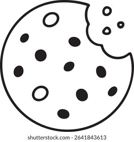 A black and white outline drawing of a chocolate chip cookie with a bite missing.