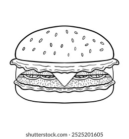 Dibujo de contorno en blanco y negro de una hamburguesa clásica, completa con un bollo de semillas de sésamo, lechuga en capas, una empanada de carne y queso. Esta línea de arte es ideal para colorear o proyectos de Diseño gráfico.