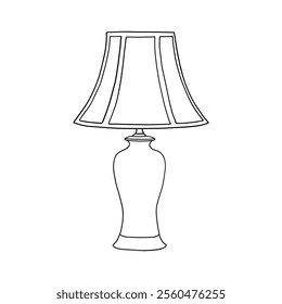 Black and white outline drawing of a classic table lamp with an elegant design. Perfect for coloring pages, interior design concepts, and minimalist decor illustrations.