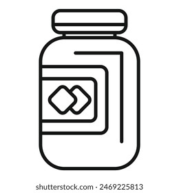 Black and white outline drawing of a closed medicine bottle with pill icons on label