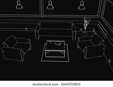 Dessin aux contours noir et blanc d'un salon confortable avec deux canapés, une table centrale avec des objets décoratifs, une plante en pot dans un vase, et des lampes suspendues.