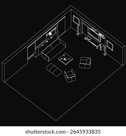 A black and white outline drawing of a cozy living room featuring a sofa, chairs, and a central table. The dark background creates a mysterious yet inviting atmosphere, perfect for interior design.