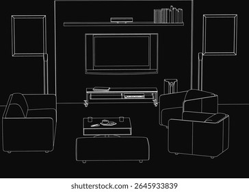 A black and white outline drawing of a cozy living room featuring sofas, a table with books, and a wall-mounted flat screen TV. The simple yet detailed interior sketch creates an inviting atmosphere.